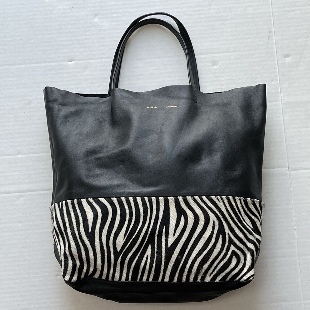 Alice D Milano Large Lather Tote Bag Black W/ Zebra Print Calf Hair Shoulder Bag